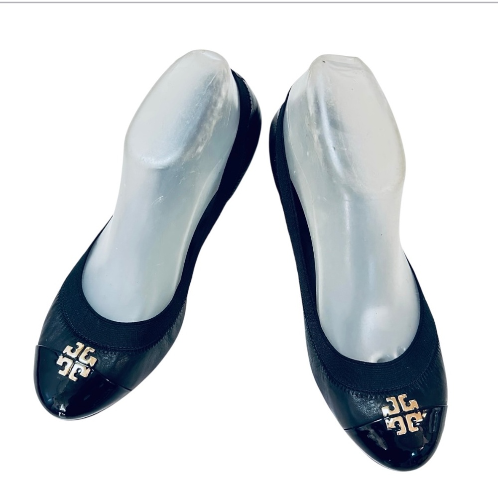 Tory Burch Black Wedges w/ Gold Logo Size 8.5M